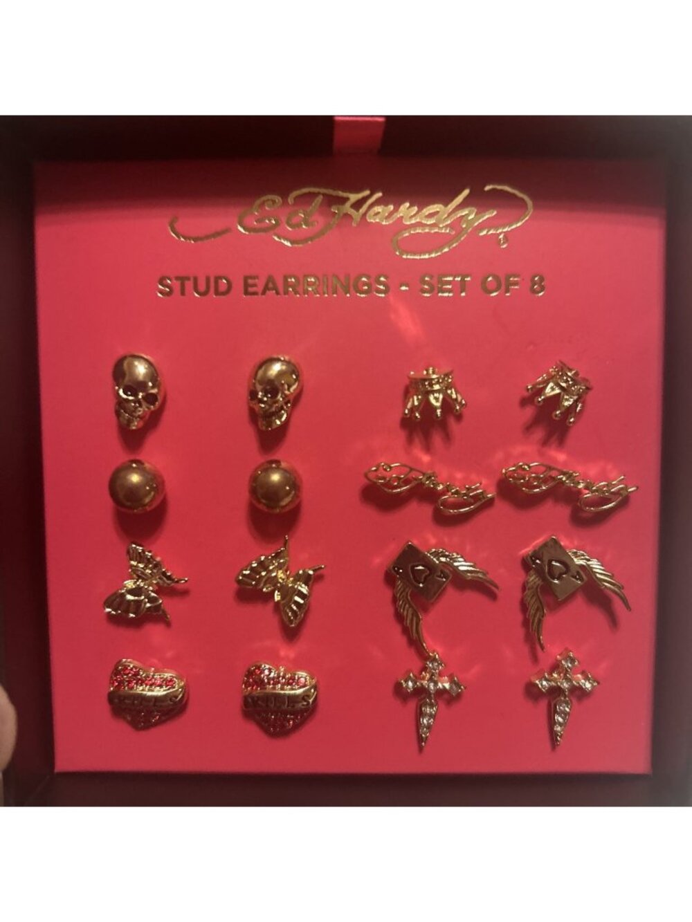 Ed Hardy Gold Tone Stud Earring Skull Cross Heart Crown Butterfly Wings Cards As